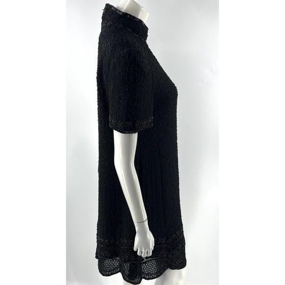 VTG J Kara Dress Size M Black Silk Allover Beaded High Neck Evening Cocktail - Picture 4 of 6